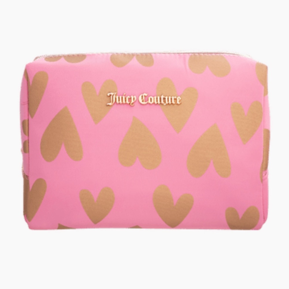 JUICY COUTURE XL Gold Glitter Heart Print Wedge Cosmetic Bag
